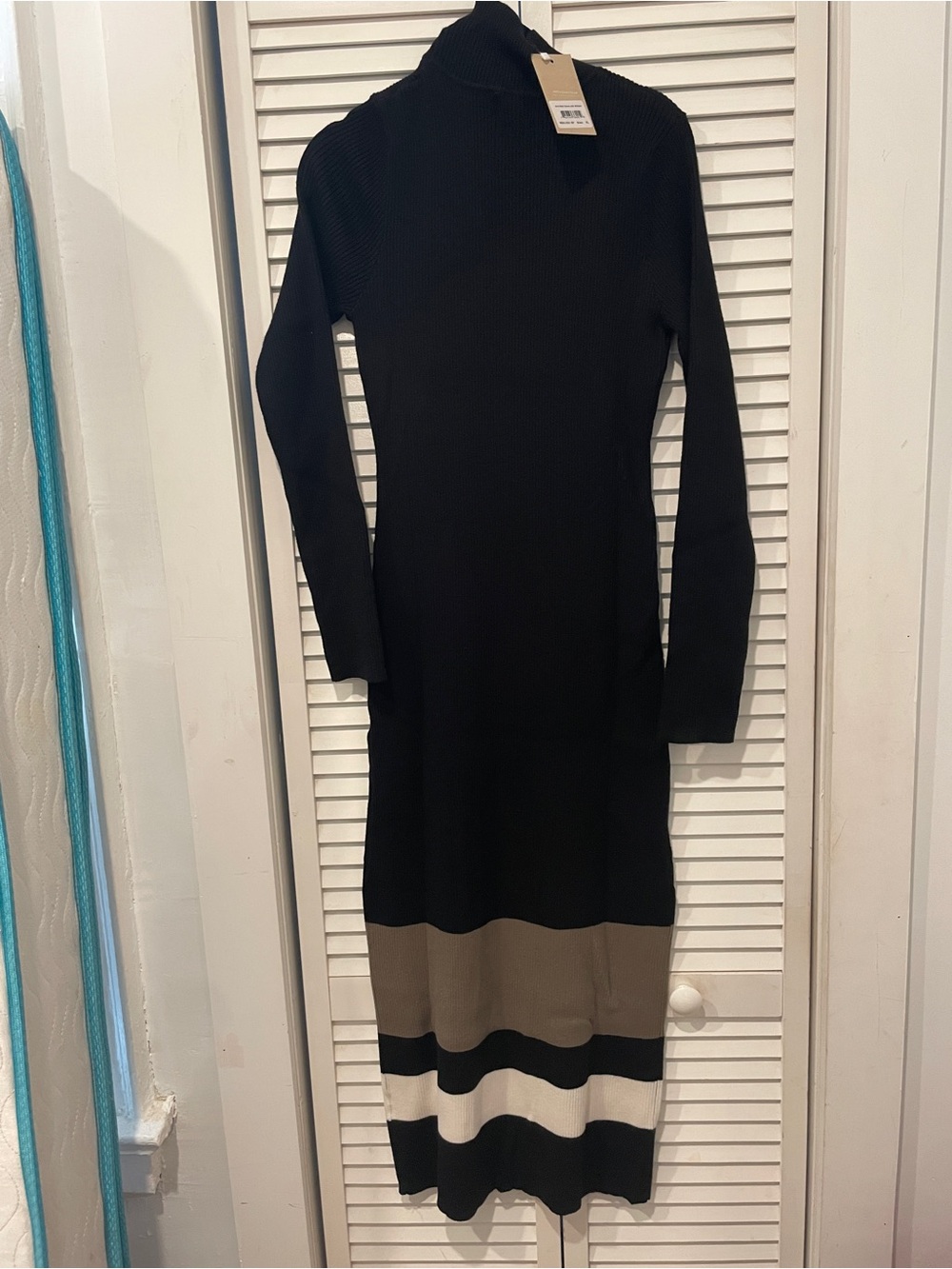 Black Ribbed Turtleneck Maxi Dress with Neutral Stripe